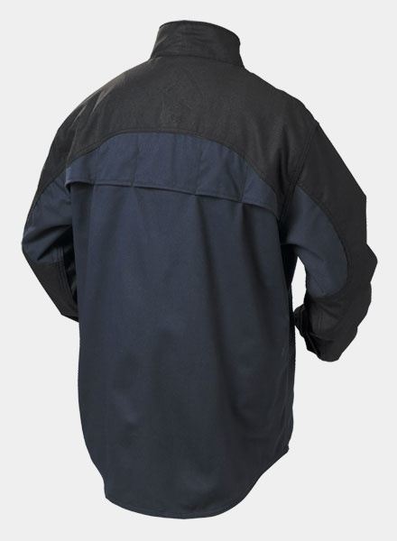 Miller WeldX Jacket Back Miller WeldX Jacket Back view of navy cotton welding jacket that is on sale